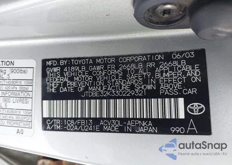 2003 Toyota Camry Le from USA, damaged, VIN JTDBE32K330229321